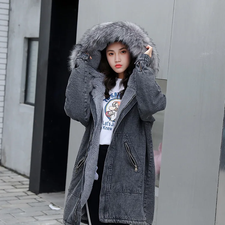 Photo Shoot Cotton Coat Women's Mid-length Winter New Style Large Size Loose-Fit Fur Collar Lambs Wool plus Velvet Jeans Co