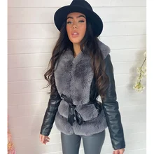  Elina Autumn Winter Faux Fur Collar Patchwork Jackets Women Fashion Solid Coats Women Elegant Tie Belt Jackets Female Ladies 