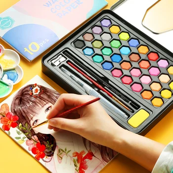 

36 Colors Solid Watercolor Paint Set for Beginner Drawing Metallic Solid Watercolor Pigment Paint Supplies with Brush Pen