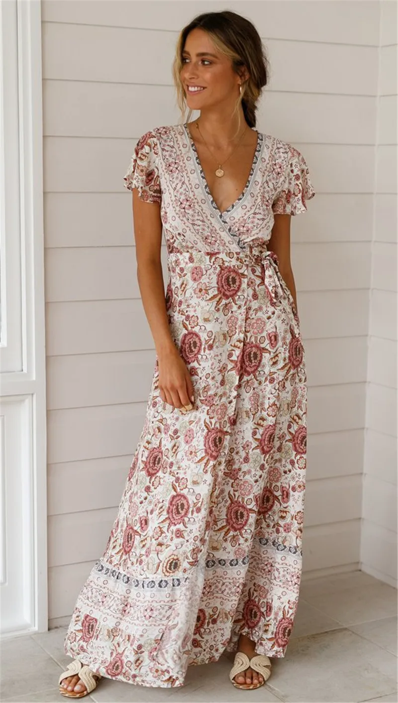 Dropshipping Women Summer Retro Floral Print Long Dress Elegant Beach Belt Sexy V-Neck Appearance Print Maxi Bohemian Dress Lady