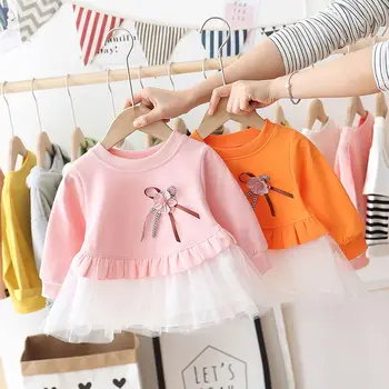 

Baby Girl Spring Flowers Dress Bow Yarn Newborn Cute Casual Frock Children Comfortable Cotton Clothes Full Sleeve Toddler Kids