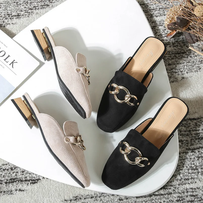 2020 designer gold chains slippers women square cover toe slides shoes metal decoration chunky heels mules big size 43 | Обувь