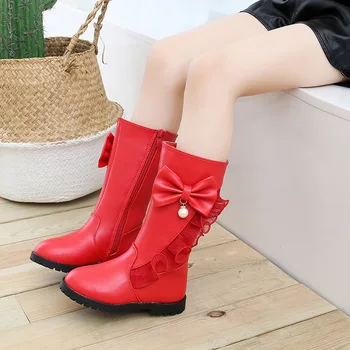 

2019 Big Kids Bow Lace Warm Snow Boots Little Girls Child Shoes Winter Waterproof Girls Leather Long Boot 3 4 5 6 7 8 9 10 11 12