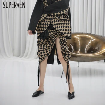 

SuperAen Europe Women Skirts Summer New 2020 Cotton Wild Ladies Skirts Irregular Drawstring Fashion Skirts Female