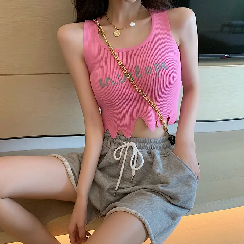 Модный бренд темперамент кроп Топы трикотажные майки Camis корейский сексуальный Повседневный саморазвитие Письмо печати Асимметричные футболки