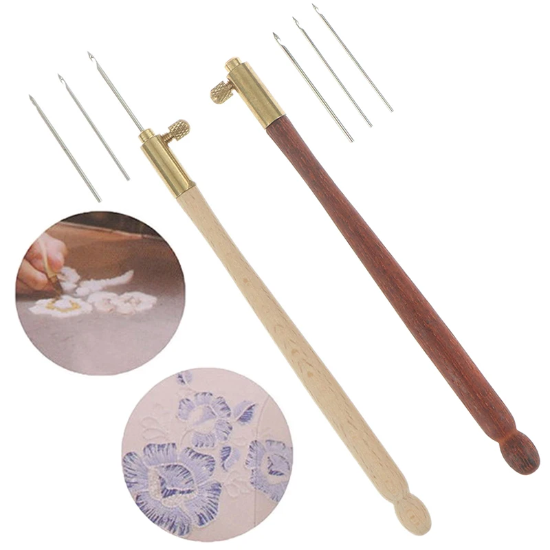 Wooden Handle Tambour Hook With Needles Embroidery Crochet Sewing DIY Craft Tool