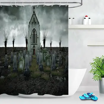 

Halloween Cemetery Old Church Shower Curtain Waterproof Fabric Bathroom Hooks