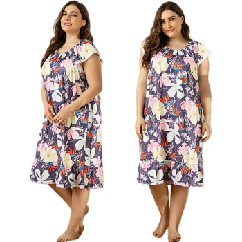 

2020 Summer Women Thin Nightdress Floral Print Sleepwear Short Sleeve Nightie Sleepshirt Nightgown Plus Size Nightshirts 2XL-4XL