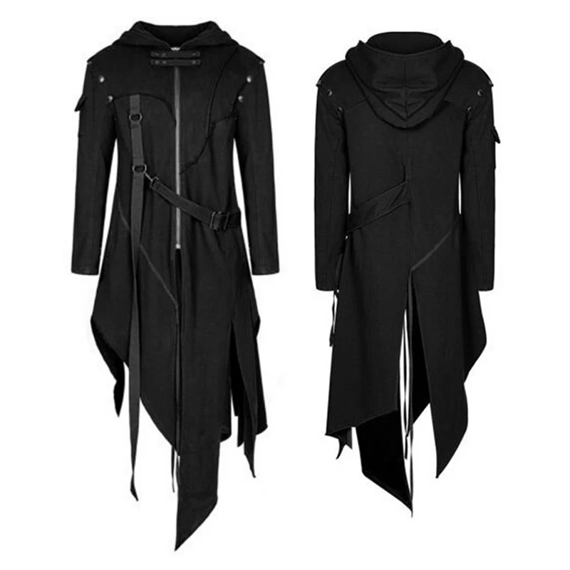 Abrigo de noche de brujas para hombre, chaqueta de estilo Punk gótico con cinturón, abrigo de cola de golondrina, uniforme largo Vintage de manga larga para Halloween, novedad de Otoño de 2020