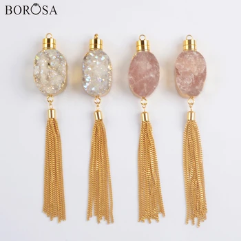 

BOROSA Gold Plating Natural Agates Druzy Long Tassels Pendant Necklace Rose Crystal Quartz Necklace Charms for Women G1981