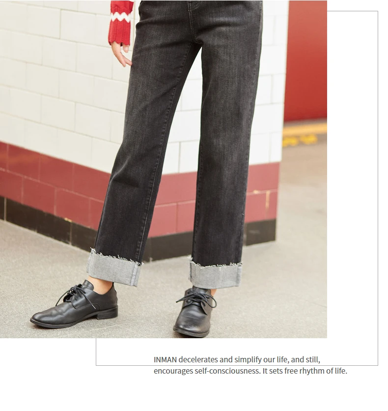 INMAN 2020 Autumn Winter New Arrival Jeans Loose Classic Simple Washed Mid-waist Raw-edged Cuffs Denim Cropped Pants