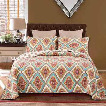 

100%Cotton Quilted Bedspread Vintage Style Decorative Quilt Diamond printed Colorful Bohemia Bed spread set Queen size 3Pcs