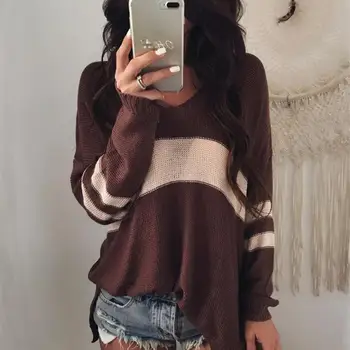

Fashion Autumn Winter Casual Wide Striped Knitted Oversize Sweater Women V-neck Long Sleeve Loose Pullover Sweater Top