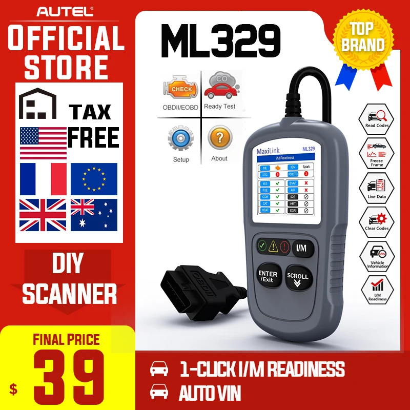 Autel MaxiLink ML329 автоматический OBD 2 считыватель кодов OBD2 сканер считывающий чистый DTC