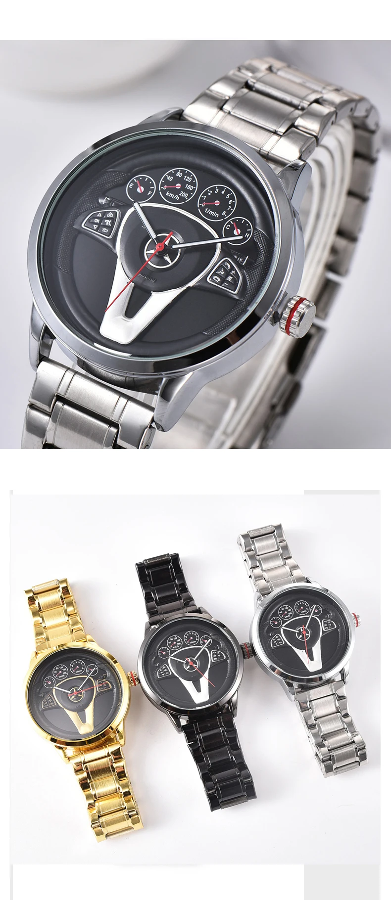 Повседневные Оригинальные Классические прецизионные Мужские кварцевые часы из нержавеющей стали, повседневные спортивные 3D автомобильные рулевые часы в виде рулевого колеса