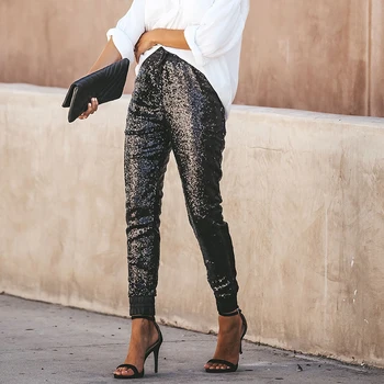 

Women Side Striped Sequins Elastic Casual Skinny Pencil Pants