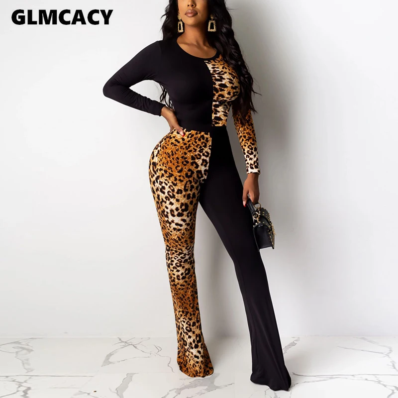 Женский комбинезон с леопардовым принтом и длинным рукавом, Облегающий комбинезон с широкими штанинами, шикарный сексуальный и клубный уличная облегающий женский комбинезон