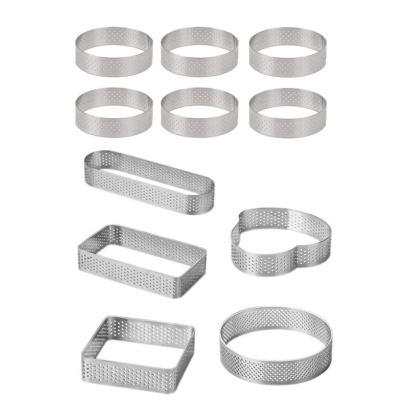 5Pcs Stainless Steel Tart Ring 5 Shapes &amp 6Pcs Circular Porous Bottom Tower Pie Cake Mould 8Cm |