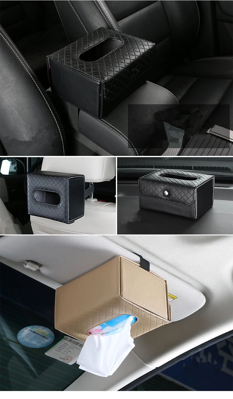 Universal Car Tissue Box Foldable PU Leather Armrest Box Sun Visor Seat Back Paper Towel Box Multi-use Car Supplies Home Decor