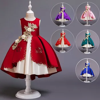 

Summer Trailing Flower Princess Dress Girls Satin Elegant Children Evening Party Wedding Dresses Birthday Prom Baby Clothes Girl