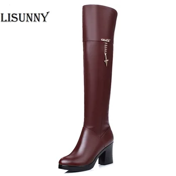

new Women's knee boots genuine leather long barrel winter plus velvet knee boots high-heeled motorcycle boots free shipping