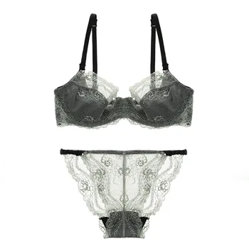 

European and American French Ultra-thin Breathable Pull Together Bra Sexy Transparent Lace Lingerie Bra Suit for Women