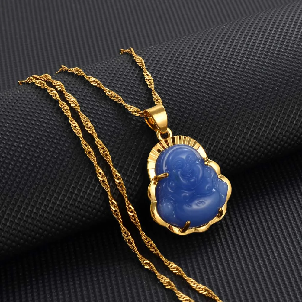 Vintage Gold Maitreya Buddha Pendant Necklace | 24K Gold Plated Religious Jewelry | Figaro Chain For Women