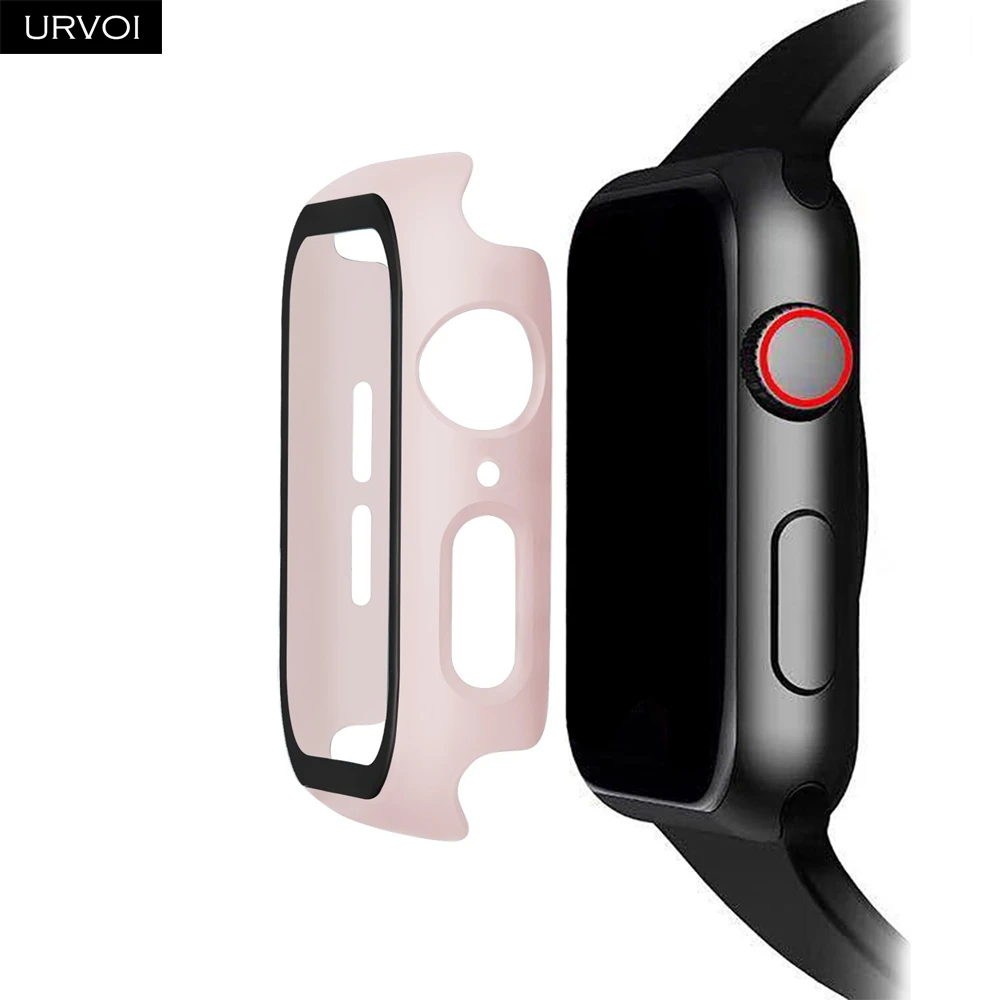 Soft Pink URVOI полное покрытие для Apple Watch series 5 4 3 2 матовый пластиковый бампер жесткий чехол рамка со стеклянной пленкой для iWatch защита экрана - Цвет: Soft Pink