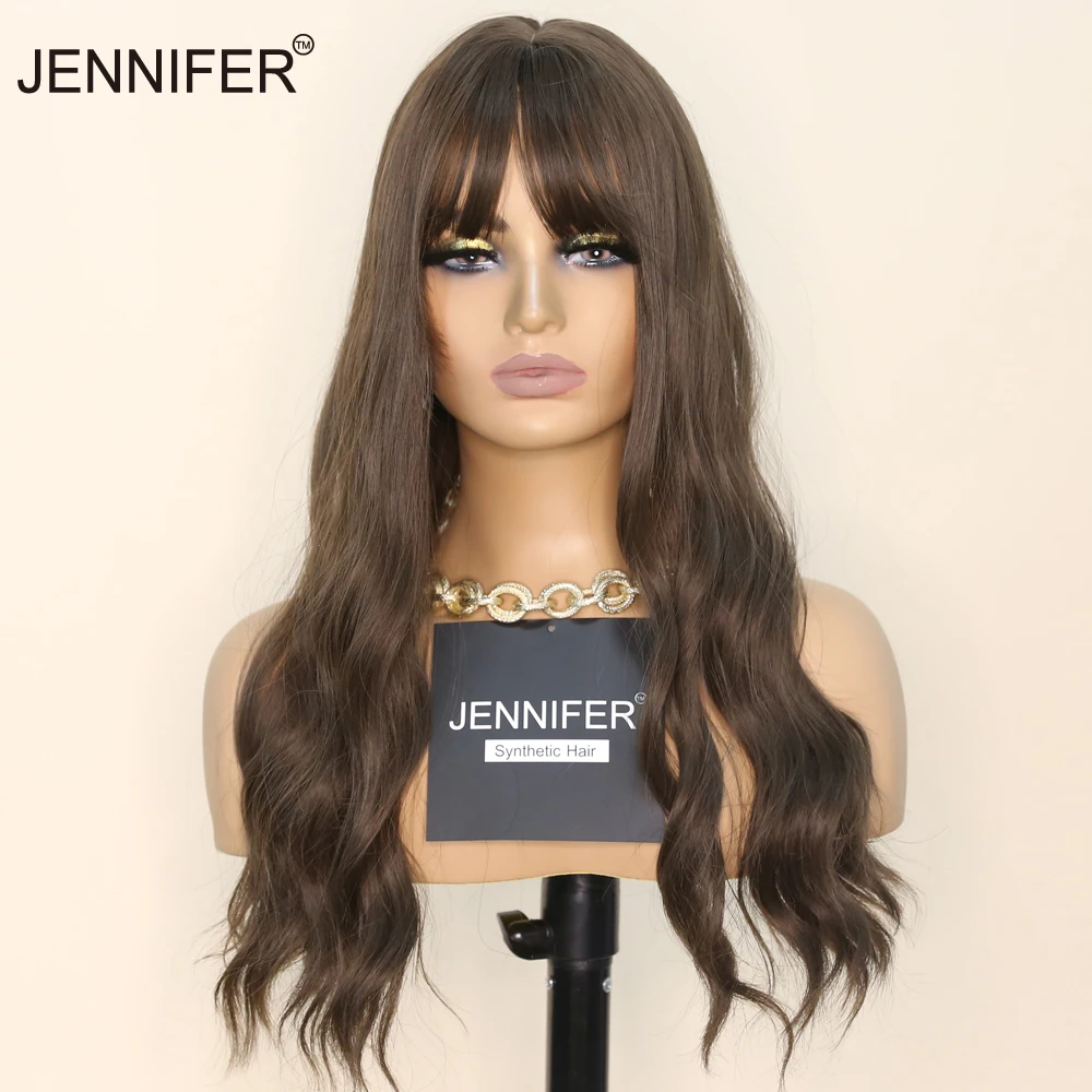Synthetic Wigs for Women Long Wavy With Bangs Black/Brown/Soot Pink 3 Color  High Temperature Fiber Full Mechanism Hair| | - AliExpress