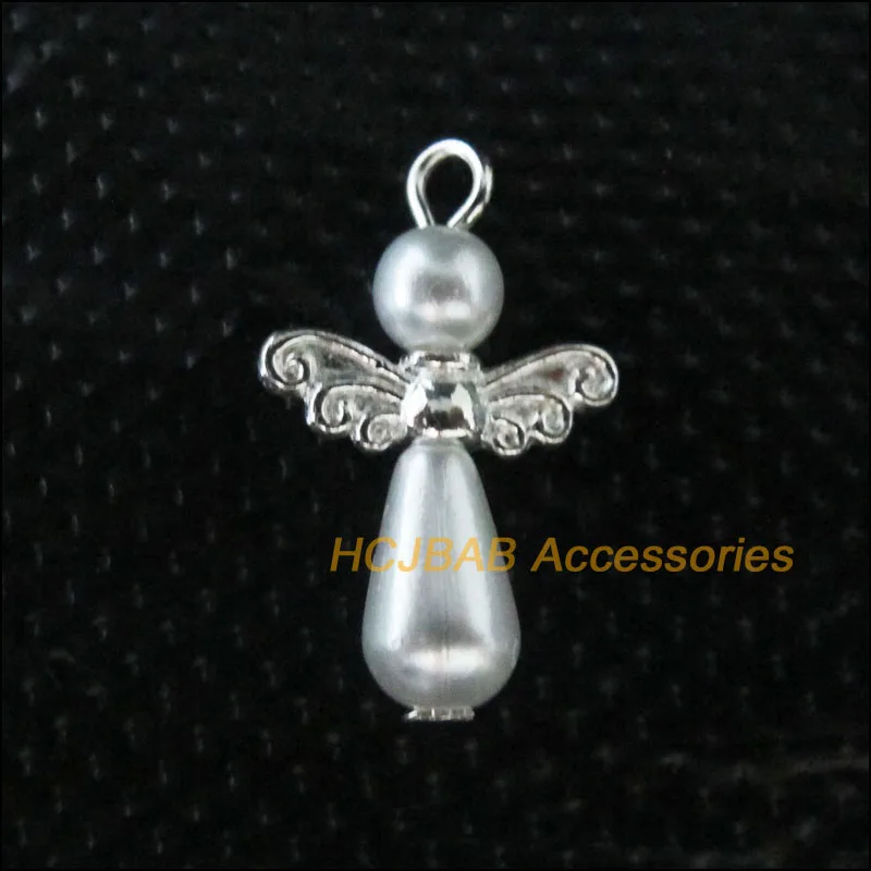 

15Pcs Silver Plated Wings White Beads Dancing Angel Charms Pendants 14x21mm