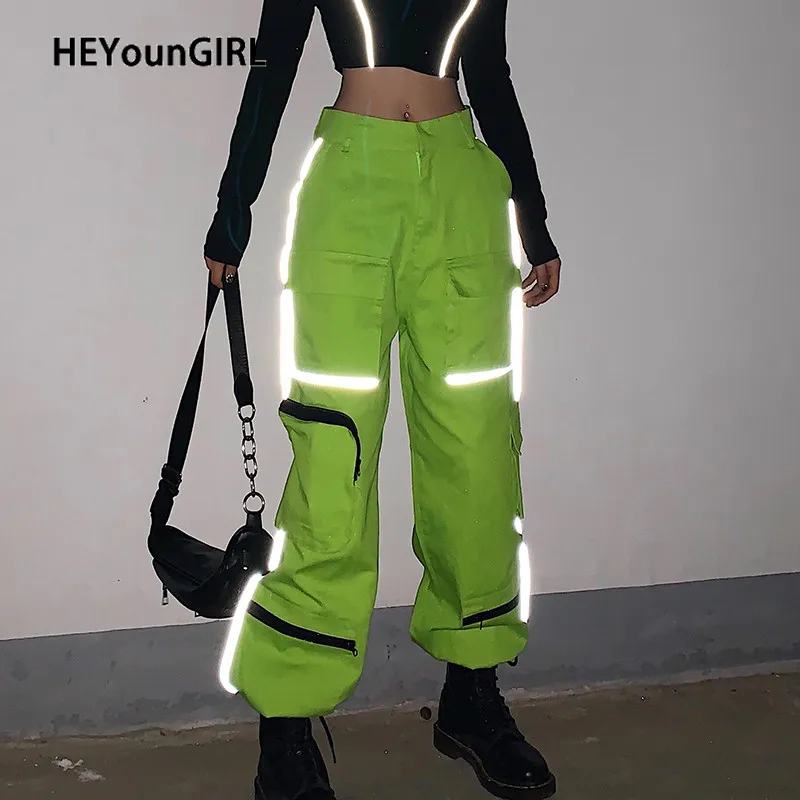 

HEYounGIRL Reflective Strips Neon Hip Hop Cargo Pants Women Pocket Baggy Casual Sweatpants High Waist Trousers Ladies Streetwear