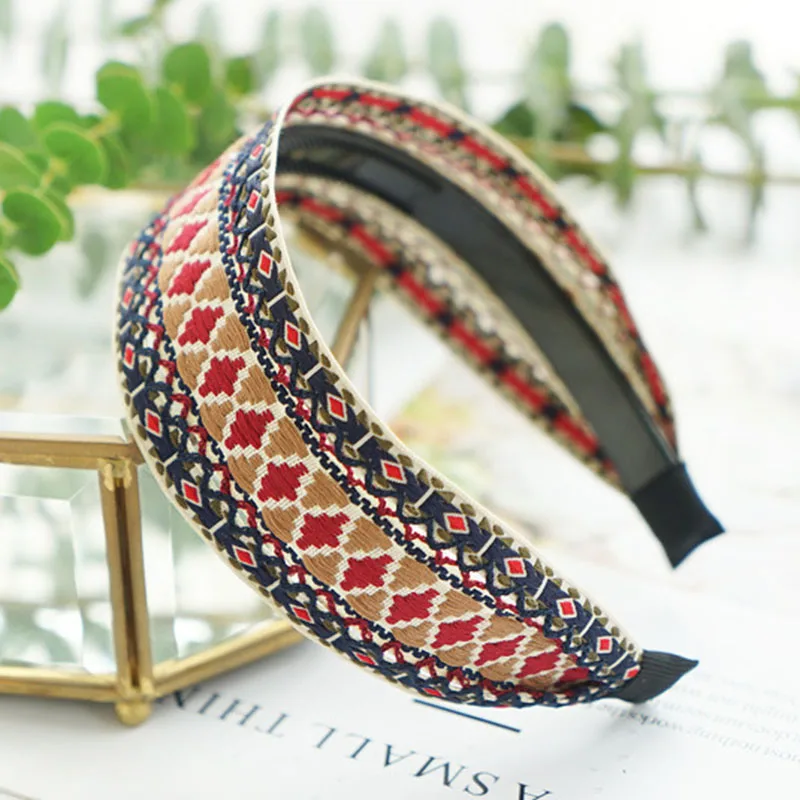 Богемный Национальный Ветер Hairband хлопок лен зубчатые противоскользящие Корея широкая повязка на голову для женщин вышивка головы пряжки резинки для волос - Цвет: Хаки