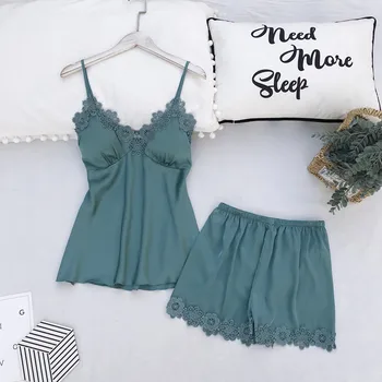 

Female Strap Top&Shorts Sexy Satin 2PCS Pajamas Set Homewear Silky Lace Nightgown Intimate Lingerie Casual Home Clothes