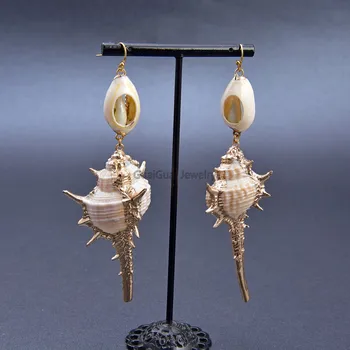 

GG Jewelry Natural Cowrie Shell SeaSnail Golden plated Drop Hook earrings