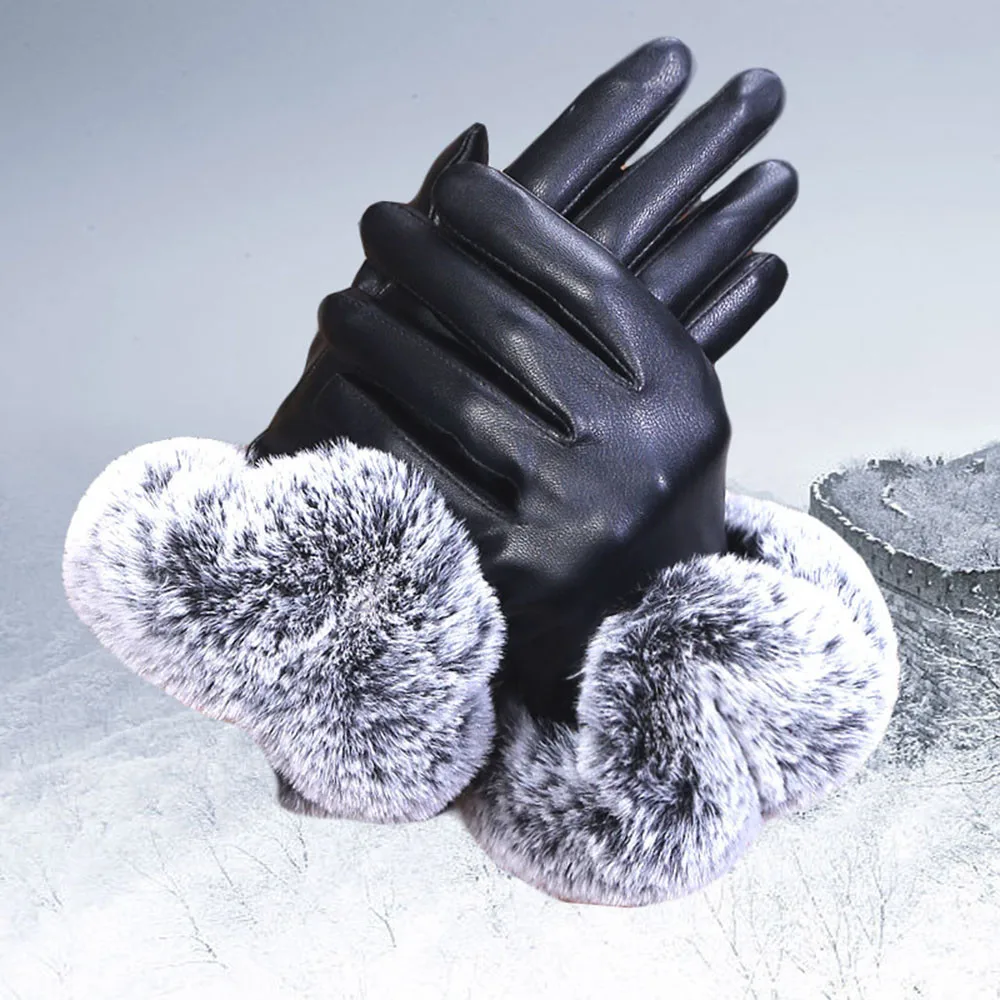 Модные зимние перчатки женские черные кожаные перчатки Осень Зима теплые кроличьи меховые варежки велосипедные перчатки с сенсорным экраном# pingyou