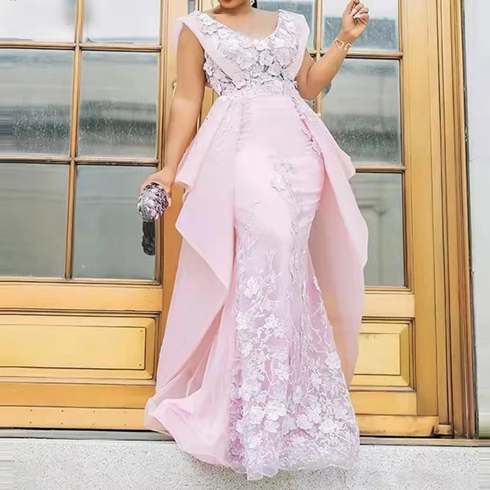 Africa Glamorous Pink Lace Satin Chiffon Mermaid Evening Dresses Scoop Neck Cap Sleeves Wedding Prom Gowns vestidos de fiesta | Свадьбы и