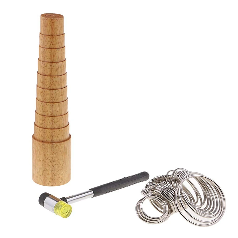 

3 Pieces/Set Wood Step Bracelets Mandrel Sizer + Metal Ring Sizers + Hammer,For Adjust Gauge Measure Bangle Sizing,Jewelry Makin