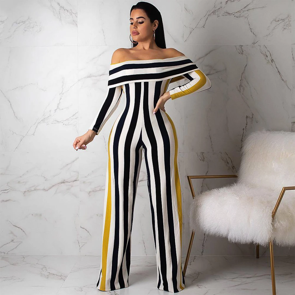 Women Striped Off Shoulder Butterfly Sleeve Slash Neck Straight Jumpsuit Party Night Clubwear Plus Size Bodycon Rompers Playsuit