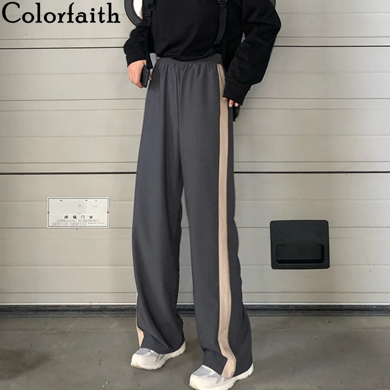 Colorfaith 2020 Summer Women Wide Leg Pants High Elastic Waist Casual Striped Patchwork Sweat Sporty joggers Lady Trousers P3924