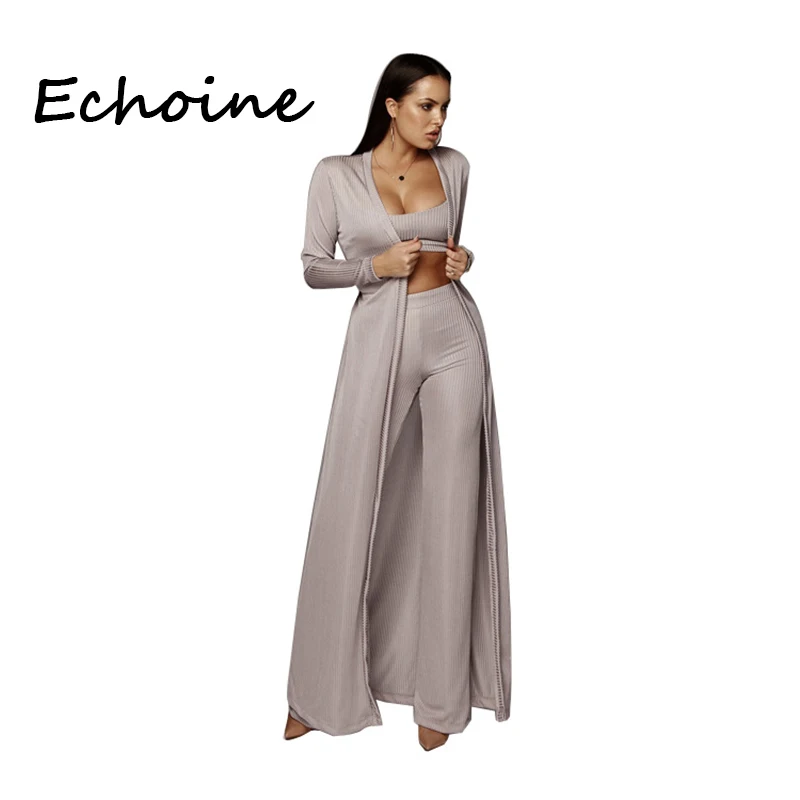 

Echoine Fahion 3 Pieces Set High Waist Elastic Knitting Long Overcoat +Crop Top +Long Wide Pants Women Cardigan Autumn