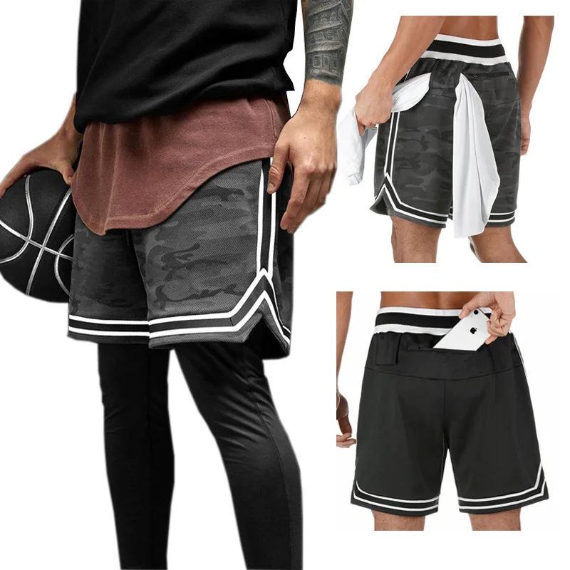 Men Shorts Basketball Joggers Mesh Camouflage Casual Summer Zipper-Pocket Black Fast-Drying