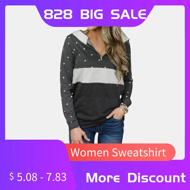 

sudadera mujer invierno Plus Size Women Dot Block Color Print Pullover Hooded Zip Pocket Sweatshirt Tops moletom