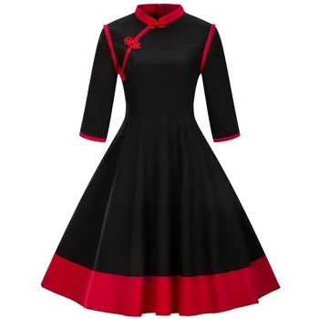 

Plus Size Dress 2019 Autumn Retro Solid Color Elegant Dress Stand Collar Seven-point Sleeves Slim Party Dress Female S-4xl