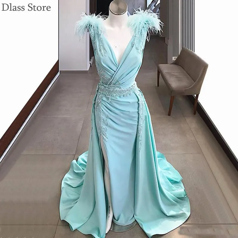

Dlass Mermaid Prom Dress Blue Split Sleeveless Feathers Detachable Train V-neck Beads Evening Dress vestido de fiesta de boda