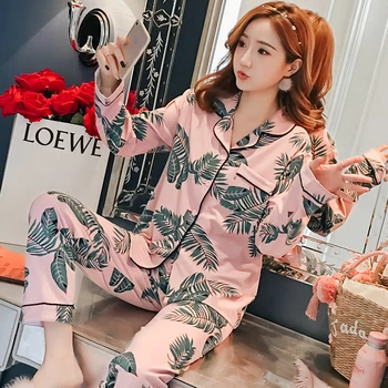 

2020 Winter Ladies Pajamas Set Cotton Turn-down Collar Maple leaf Print Nightwear Long Sleeve Loungewear Large Size 2XL