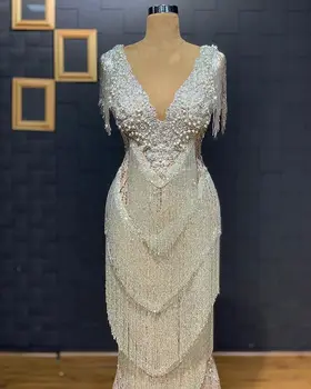 

Prom Dresses Mermaid Floor Length Sleeveless With Tassel Deep V Neck Sequins Fabric with Beading Formal Evening Gowns For Women