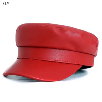 

Fashion Women PU Flat Top Sailor Cap Imitation Leather Retro Wild Lady Luxury Navy Captain Hat