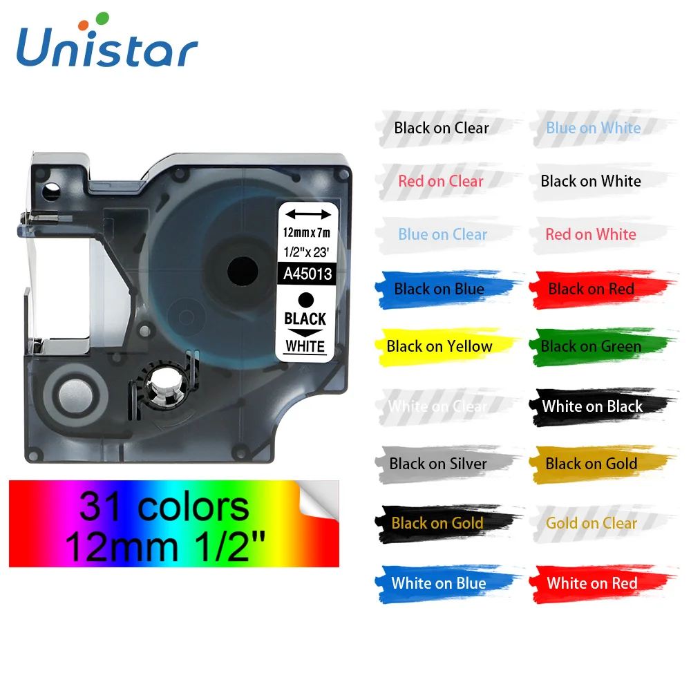 

Unistar Compatible for Dymo 45013 Tape 12mm 45013 45010 45018 45023 Label Printer for LabelManager 210 280 300 450 45016 45013