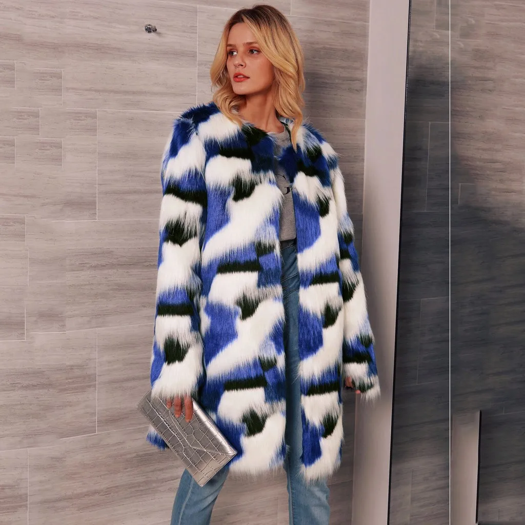 

WOMAIL Fashion Women Winter Autume Warm Outwear Special Print Color Block Faux Fur Long Brief Stunning Jacket Coat