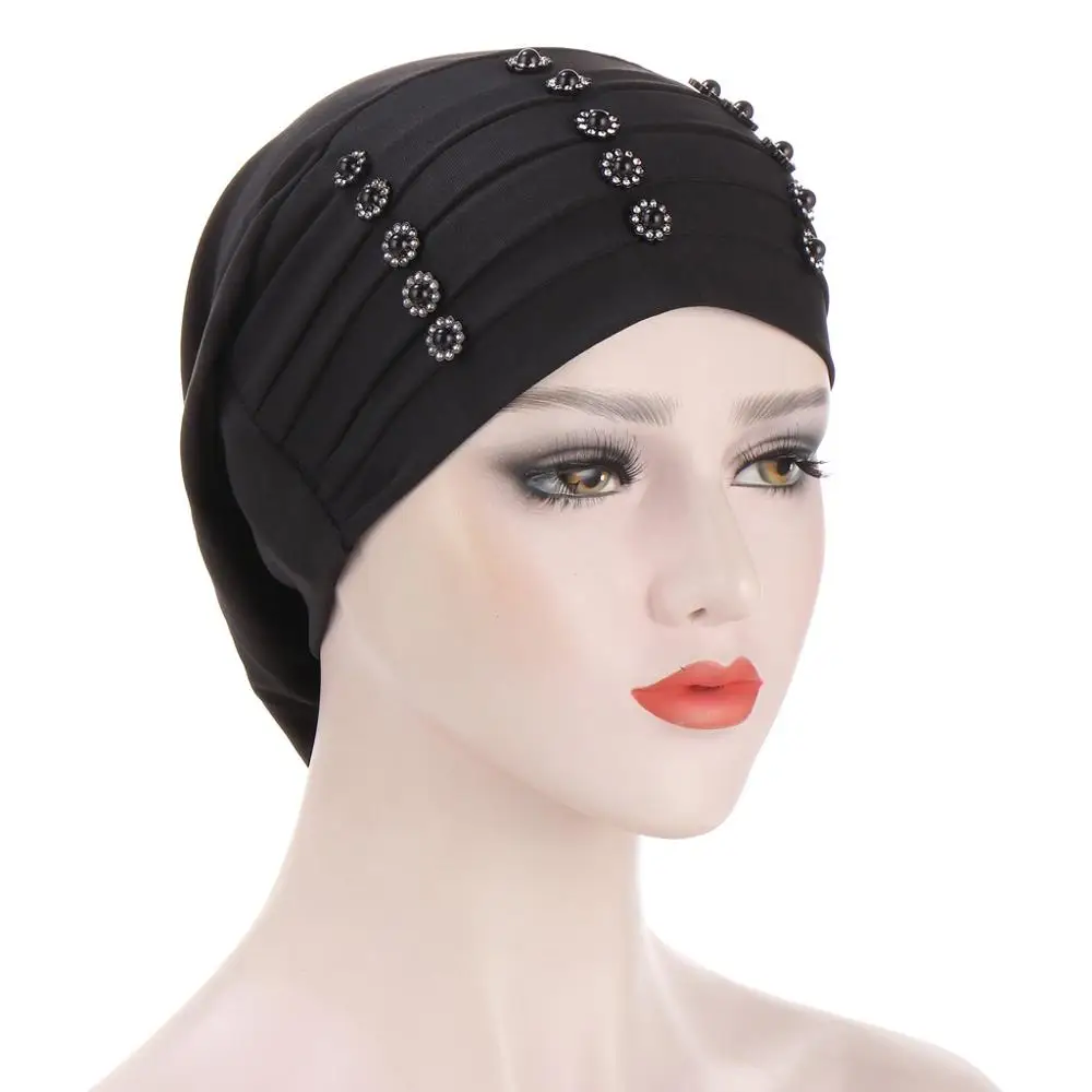 

2020 New Crinkle Beading Turban Bonnet Muslim Fashion Pearls Turbans Woman Indian Hat Winter Hijab Femme Musulman Headscarf Caps